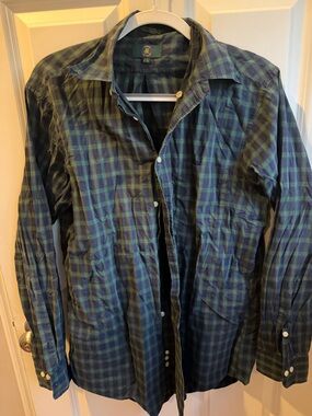 100% cotton men’s Blue & Green Plaid Button-Up Shirt